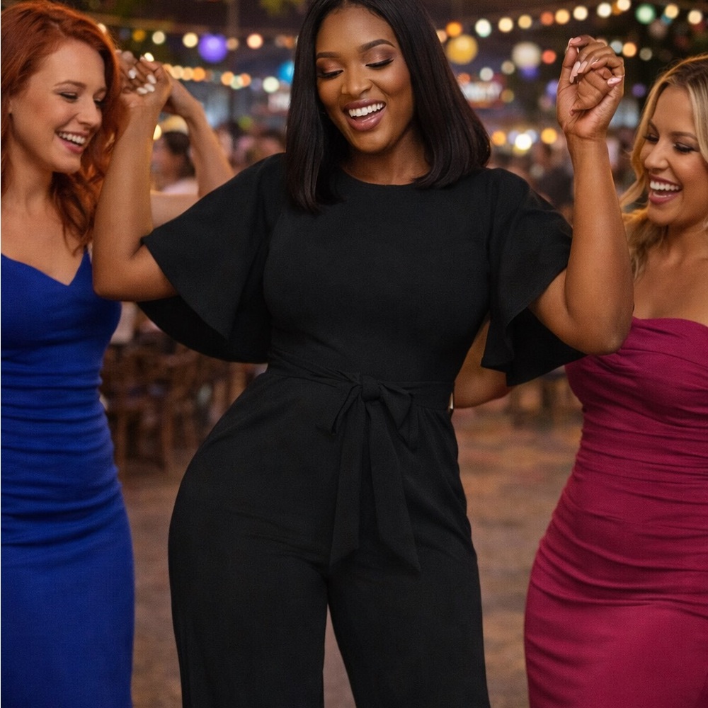 Wide-Leg Black Jumpsuit with Tie Waist